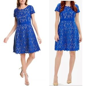 FOCUS BY SHANI Focus Laser Cut Fit & Flare Cocktail Short Sleeve Mini Dress NEW